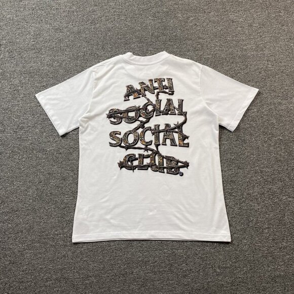 Anti Social Social Club White T Shirt With Gothic Thorn Vine Lettering Print